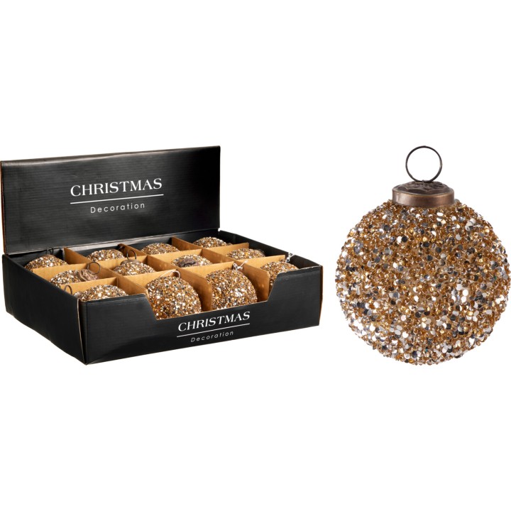 Gouden kerstballen met glitters in een zwarte doos, elegant en feestelijk.