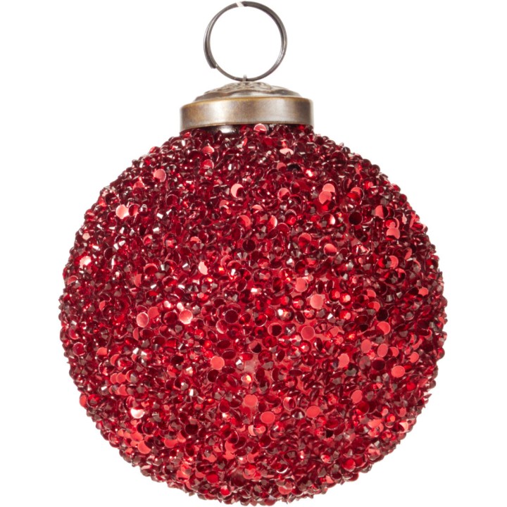 Glanzende, felrode kerstbal bedekt met sprankelende, lichtreflecterende glitter.