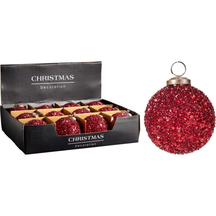 Glanzende, rode kerstballen met sprankelende glitters in een geschenkdoos.