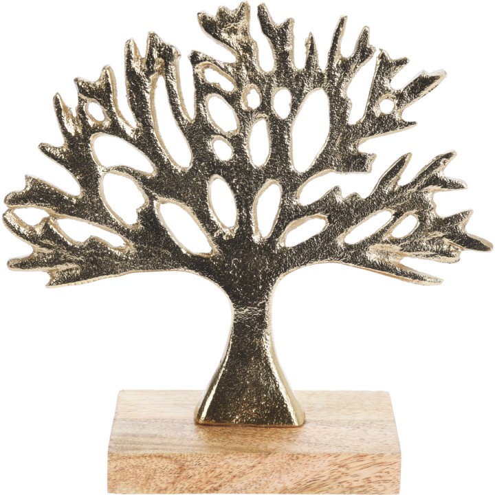 A decorative golden tree sculpture on a wooden base, featuring intricate cut-out branches.