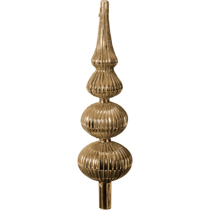 An elegant, gold-toned decorative finial with stacked, rounded shapes tapering to a pointed top.