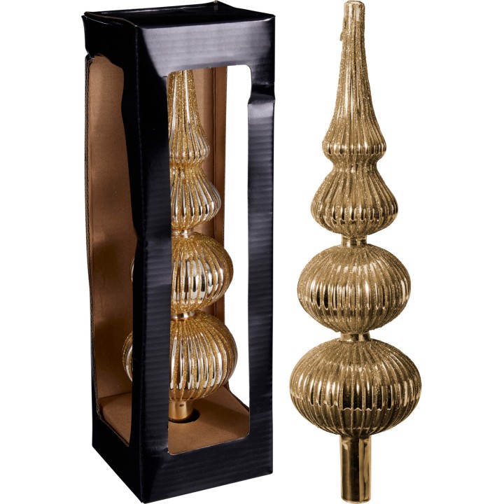 A shimmering gold decorative tree topper with a spiraled design, displayed in a sleek black box.