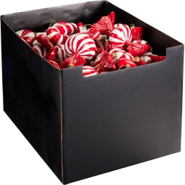 A black box overflowing with red and white spiral-striped ornaments.