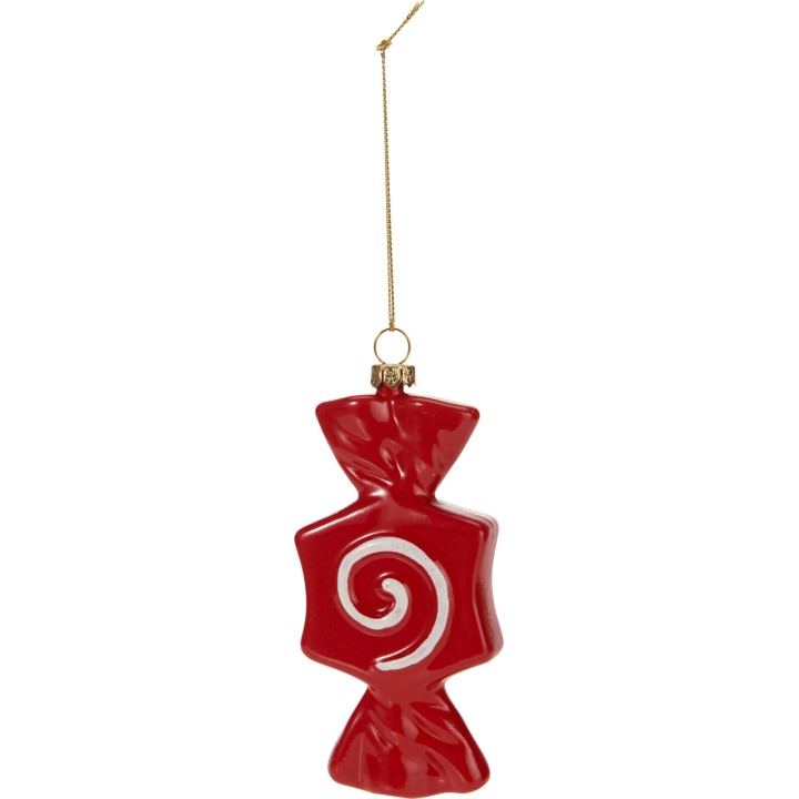 A shiny red candy ornament with a white swirl, hanging by a delicate gold string.