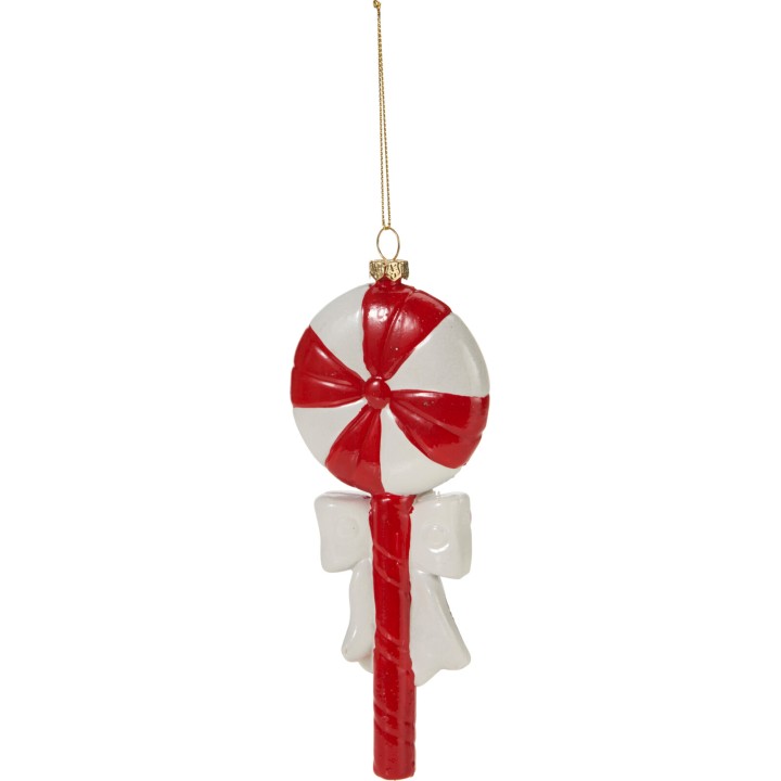 Grote kerstversiering in de vorm van een rode en witte lolly met een glanzende afwerking.