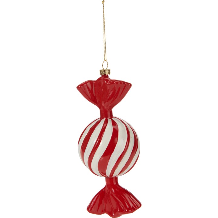 A shiny red and white striped candy ornament with curled ends, perfect for festive decor.