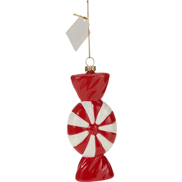 A glossy red and white striped candy ornament with a shiny finish and a hanging loop.