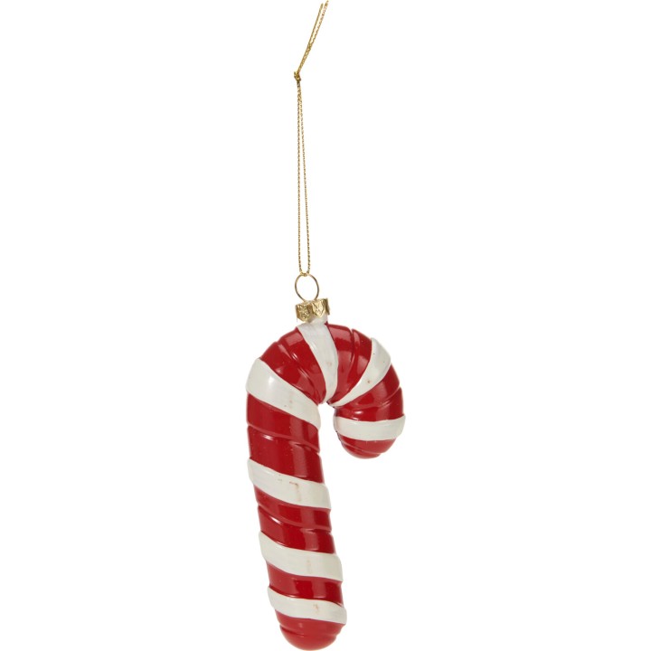A glossy red and white striped candy cane ornament hanging by a gold thread.