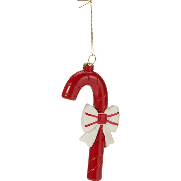 A glossy red candy cane ornament with a white bow, hanging from a golden string.
