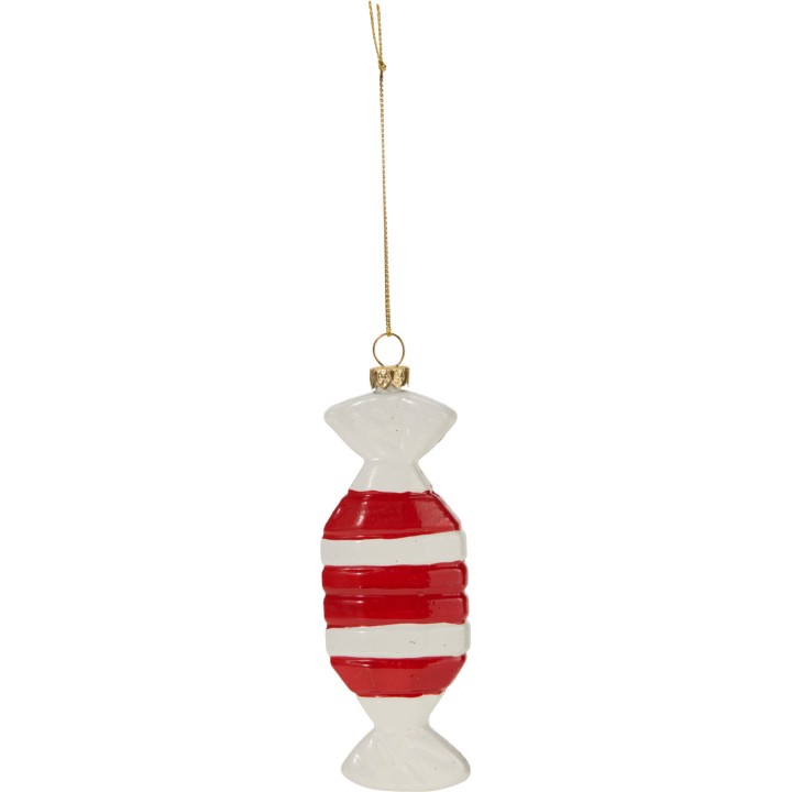 A glossy white and red striped ornament shaped like a candy.