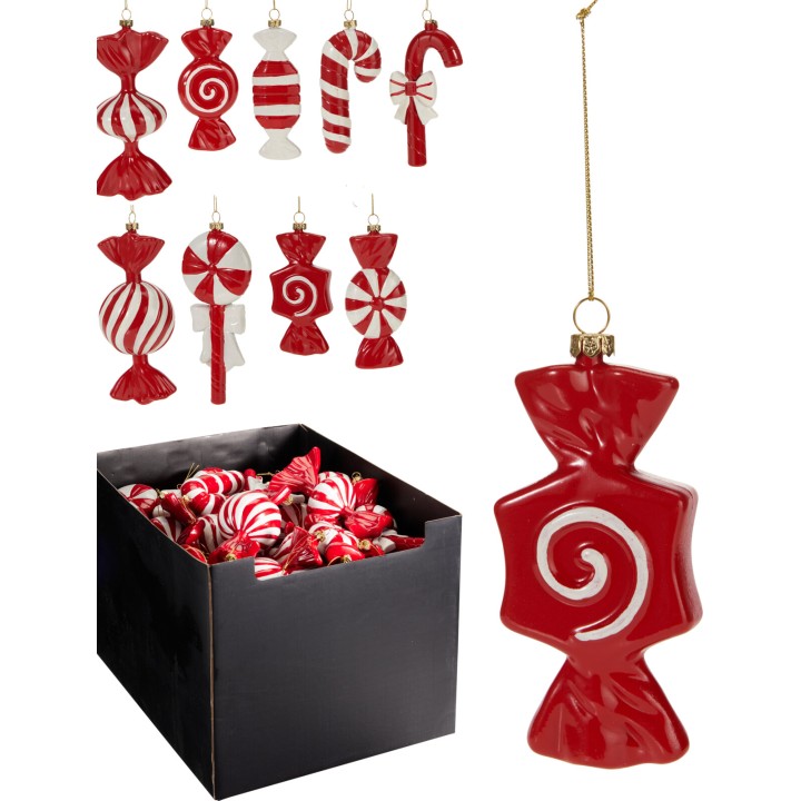 Colorful candy-themed ornaments in red and white, with a box of striped candies below.