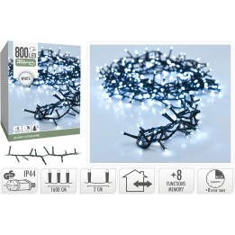 A tangled string of white LED lights on a dark background, featuring a product box.