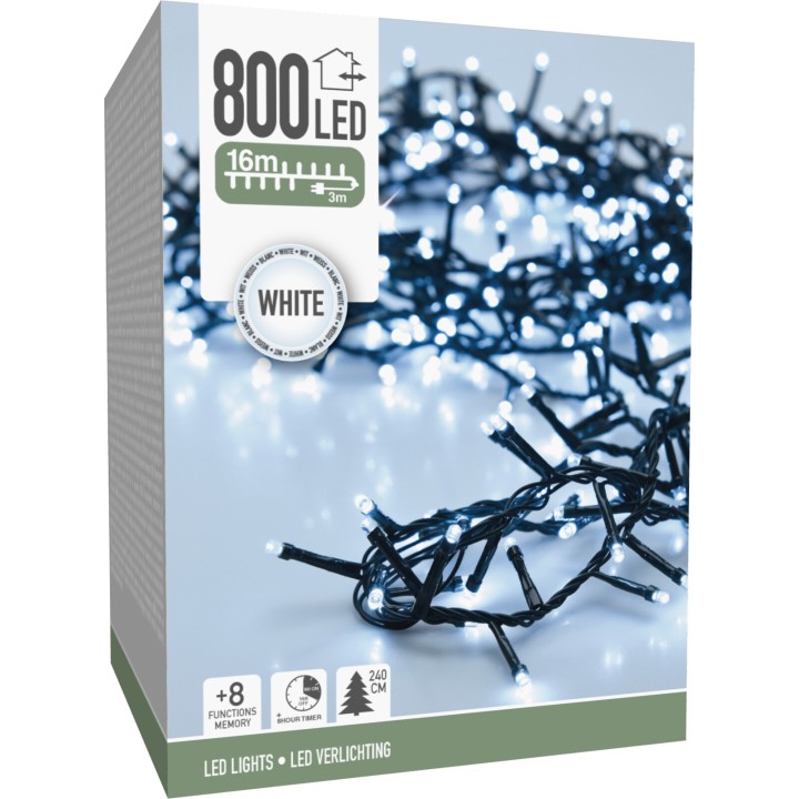 A box of white LED string lights, featuring a tangled design with 800 bulbs.