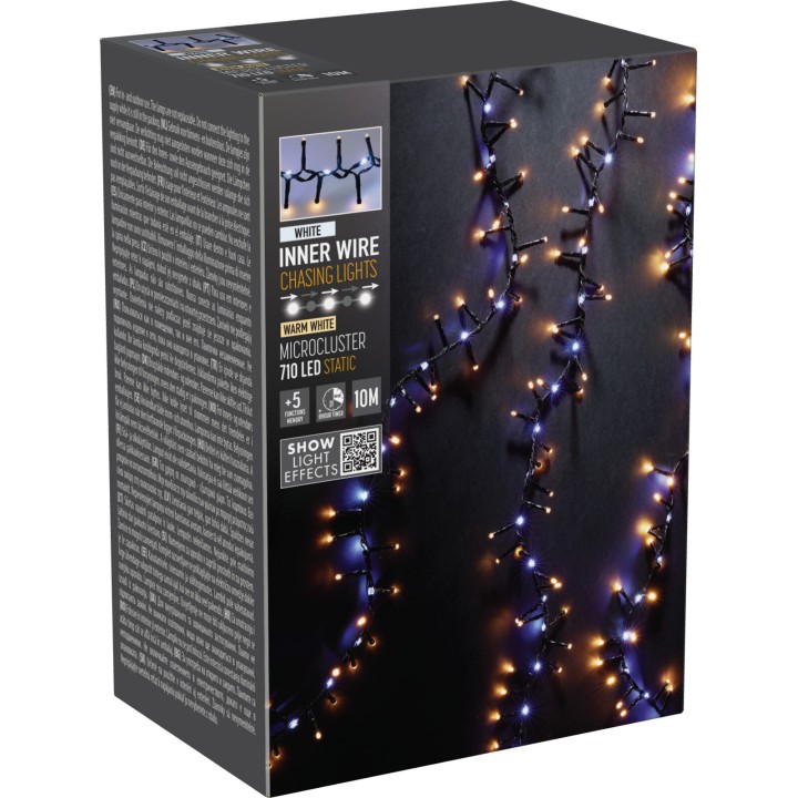 A box of warm white LED string lights with a dark background.