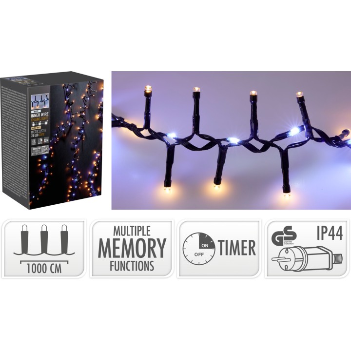 String lights with blue and warm white bulbs on a black wire, packaged for festive use.