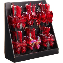A display of shimmering red bows with vibrant accents, arranged neatly in a black stand.