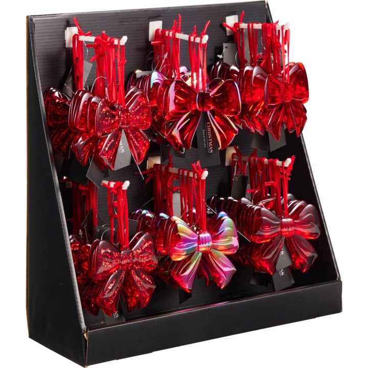 A display of shimmering red bows with vibrant accents, arranged neatly in a black stand.