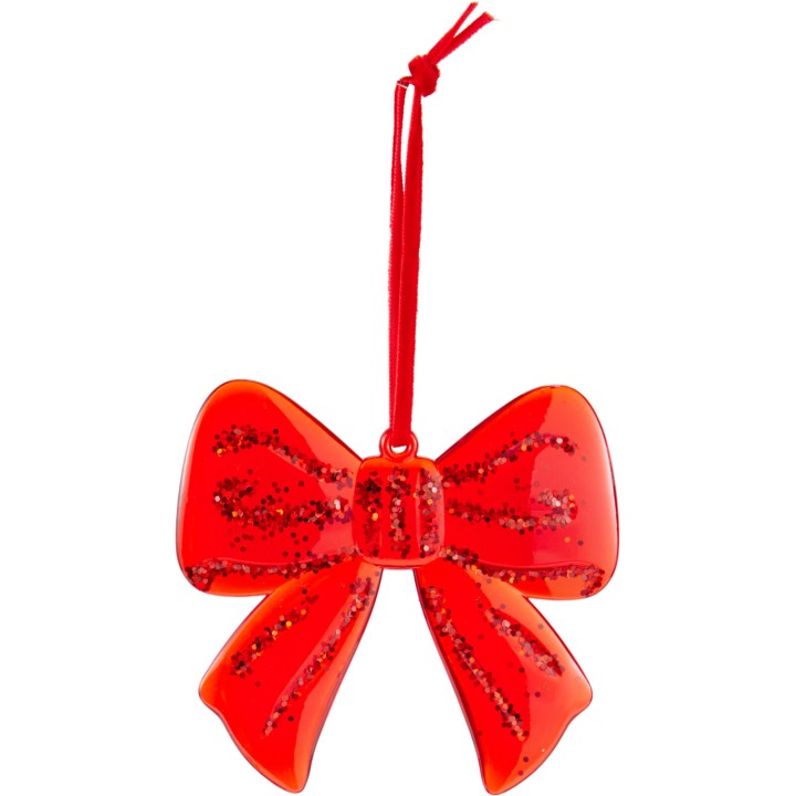 A shiny red bow ornament with glittery detailing and a hanging red string.