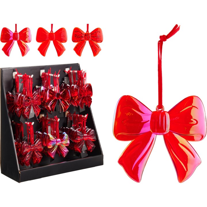 A display of shiny red bows in various sizes and styles, some with glittery accents.