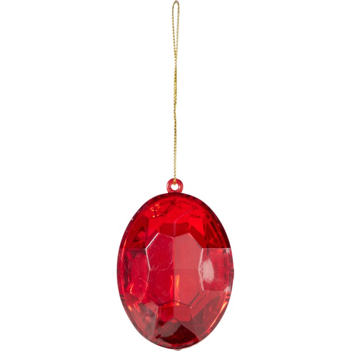 Glinsterende, rode diamantvormige ornament met een gouden hangertje.