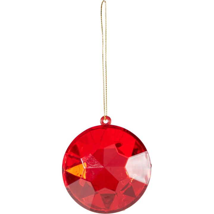 A shiny, faceted red ornament hangs from a delicate gold string.