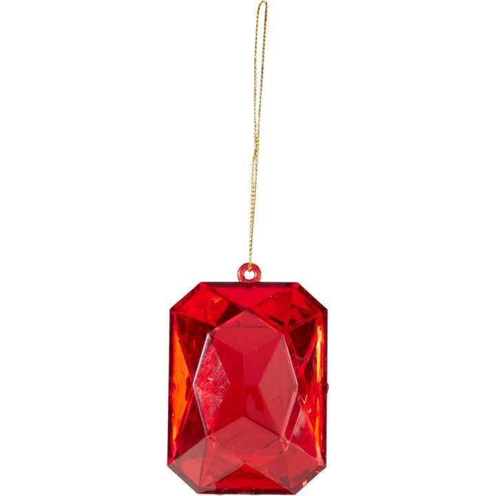 A large, faceted red gem ornament hangs from a golden string.
