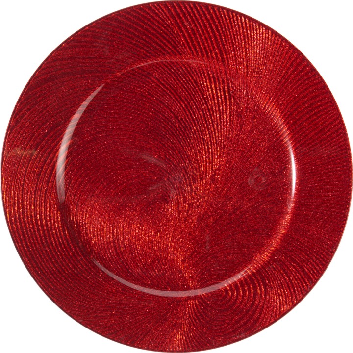 A glossy red plate with swirling patterns and a shimmering finish.
