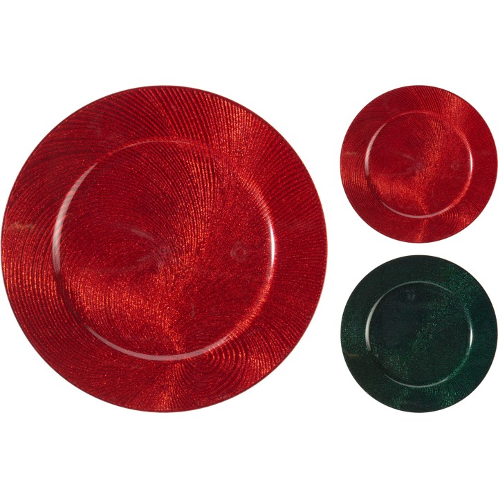Three shiny plates: two red and one green, all with swirling patterns and a festive vibe.