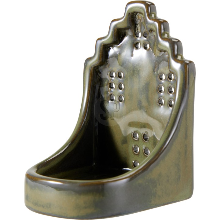 A glossy, dark green ceramic urinal with a unique, sculpted shape.