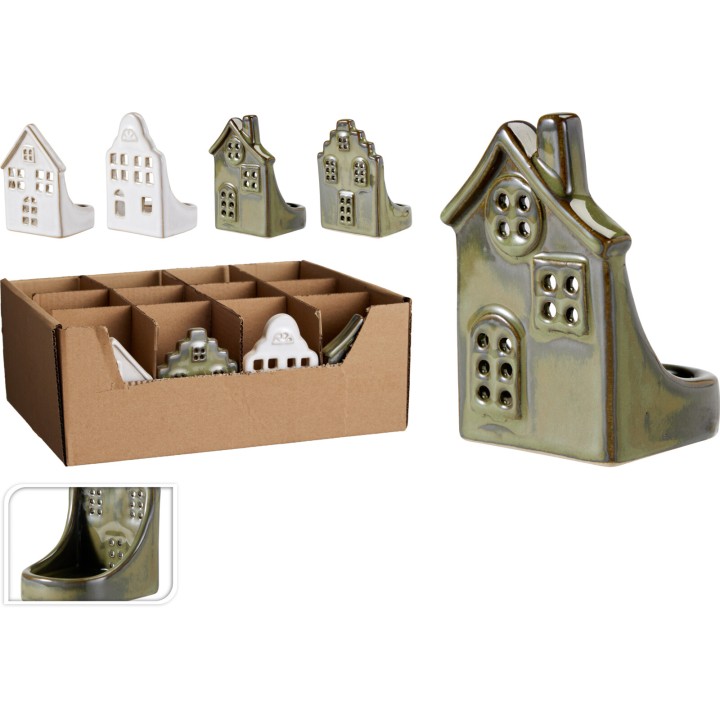 A set of ceramic house-shaped bookends in green and white, with charming details.