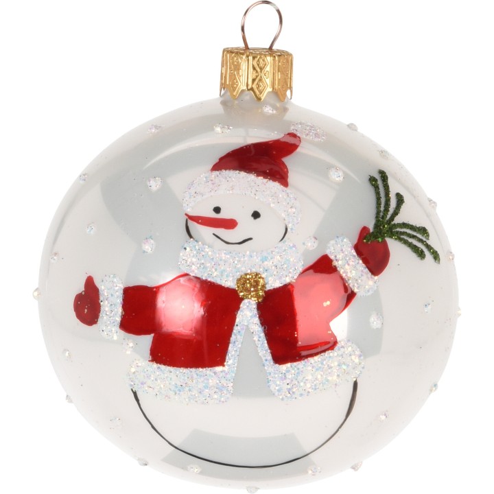 A glossy white ornament featuring a cheerful snowman in a red coat and hat.