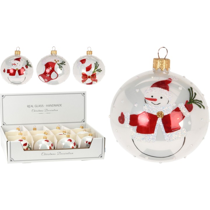 Handmade glass Christmas ornaments featuring cheerful snowmen in red and white.