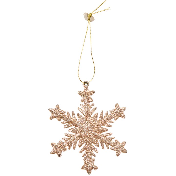 A shimmering rose gold snowflake ornament with sparkling glitter and a hanging loop.
