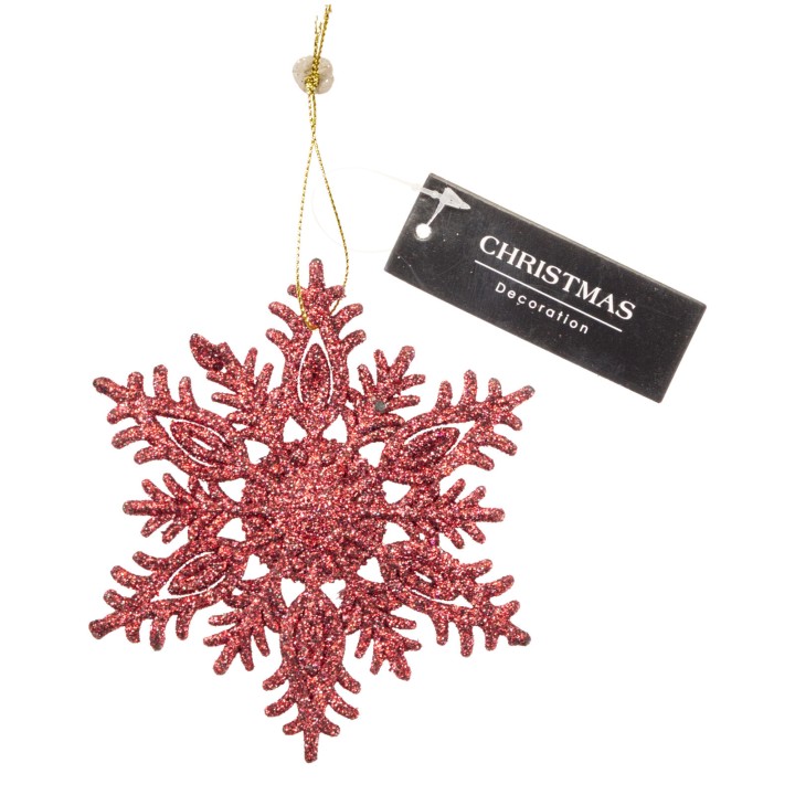 Sparkling red snowflake ornament with intricate designs and a gold hanging string.