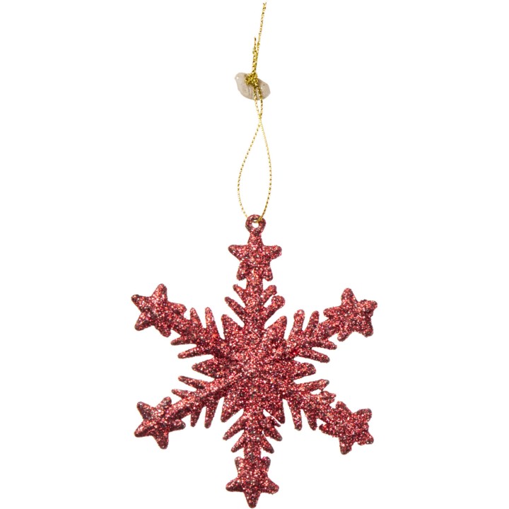 A glittery red snowflake ornament with a golden hanging thread.