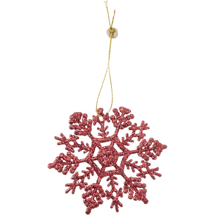 Dieproze, glinsterende sneeuwvlok van glitters, met een gouden draadje om op te hangen.
