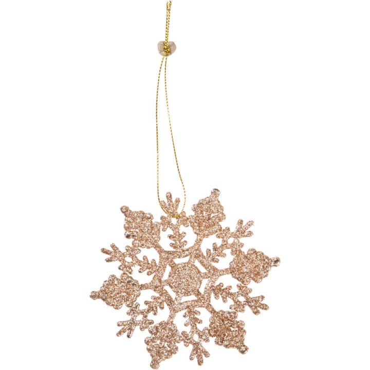 Gouden glinsterende sneeuwvlok met fijne details, hangend aan een dunne gouden draad.