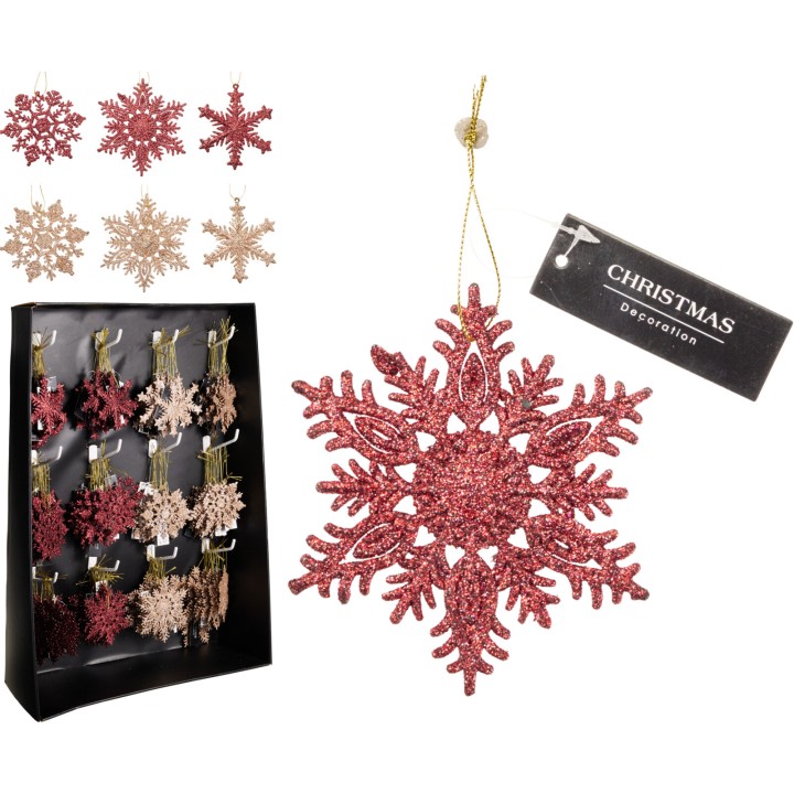 Glinsterende sneeuwvlokken in rood en neutrale tinten, perfect voor kerstversiering.