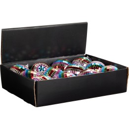 A black box filled with colorful, shiny disco ball ornaments.