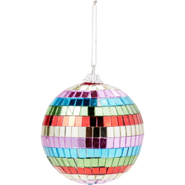 A shiny disco ball with colorful mirrored squares reflecting light in vibrant hues.