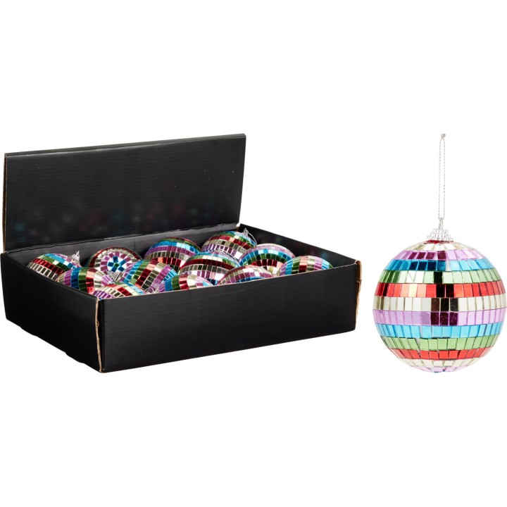 Colorful disco balls in a black box, reflecting light with vibrant mosaic patterns.