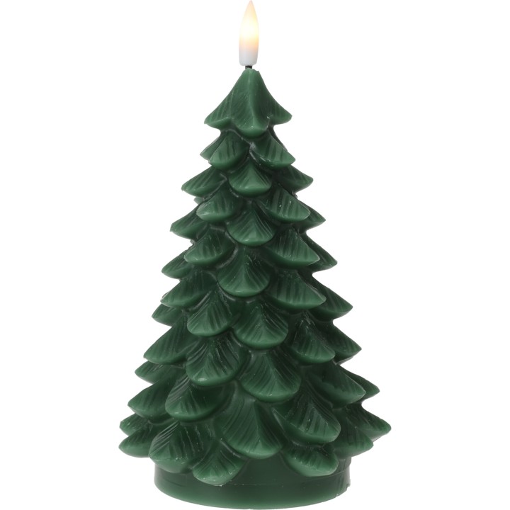 A green candle shaped like a pine tree, featuring textured leaves and a small flame on top.