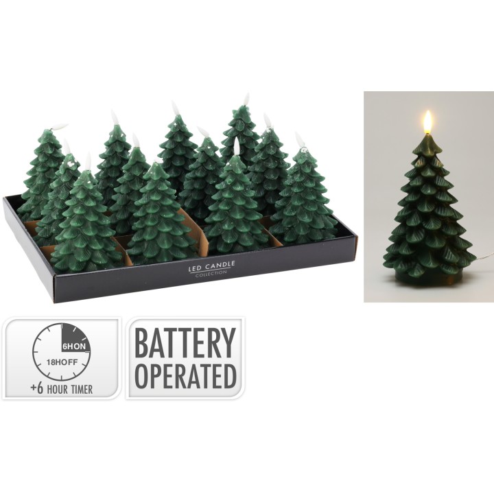 Groene waxinelichtjes in de vorm van kerstbomen, met een warmgele vlam, op een zwarte tray.