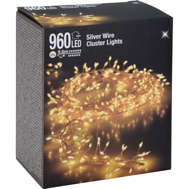 A box of warm white LED cluster lights on silver wire, ideal for festive decoration.