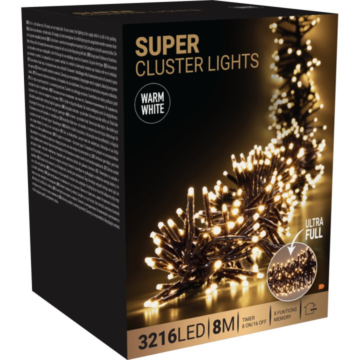 Een zwarte verpakking met gouden tekst en een afbeelding van warme witte kerstverlichting.