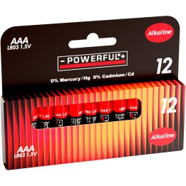 A pack of 12 AAA alkaline batteries in a sleek black and red box with bold text.