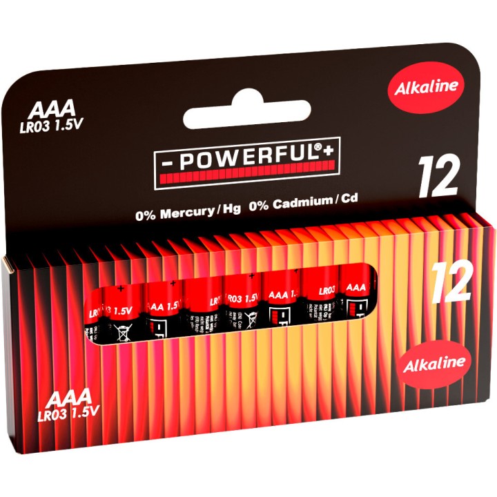 Verpakking met 12 alkaline AAA-batterijen in een zwarte en rode, gestreepte doos.