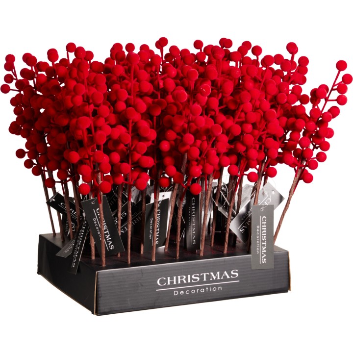 A vibrant display of red berry-like decorations on slender brown stems in a black box.