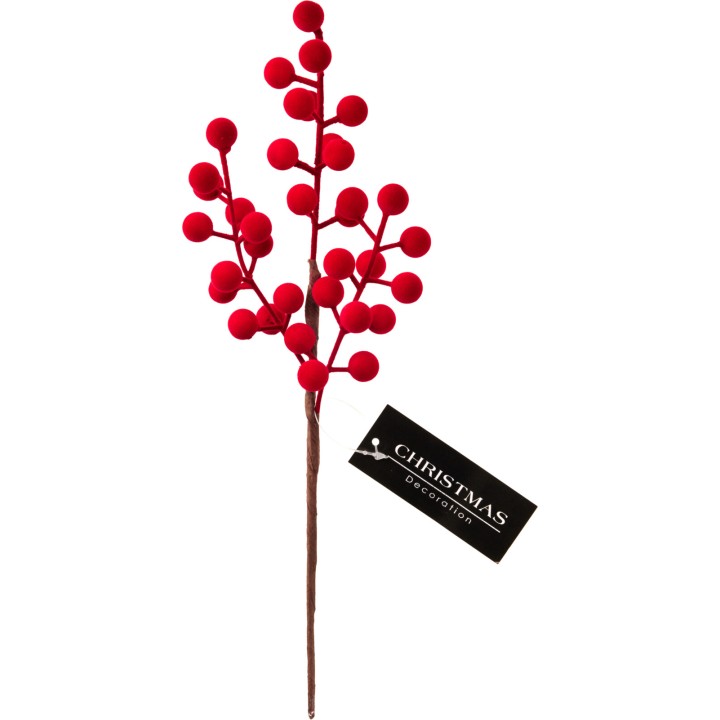A festive red branch with round, fuzzy berries on a slender brown stem.