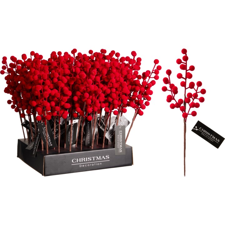 A display of vibrant red decorative branches with round, fluffy berries on thin stems.